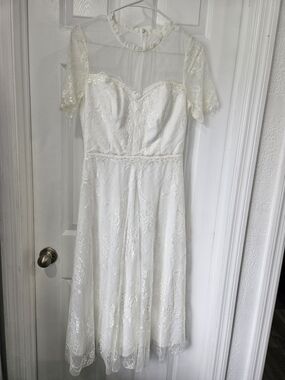 Ever Pretty Ivory Lace Tea-Length Wedding Dress with Sheer Yoke